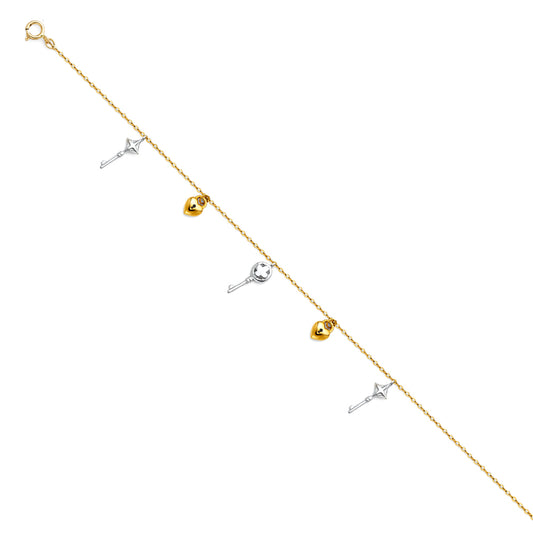 14k Yellow Gold 9" + 1" Extension Cable Chain Key & Heart Lock Bracelet Anklet