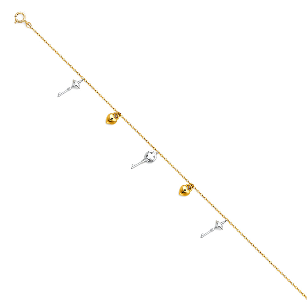14k Yellow Gold 9" + 1" Extension Cable Chain Key & Heart Lock Bracelet Anklet