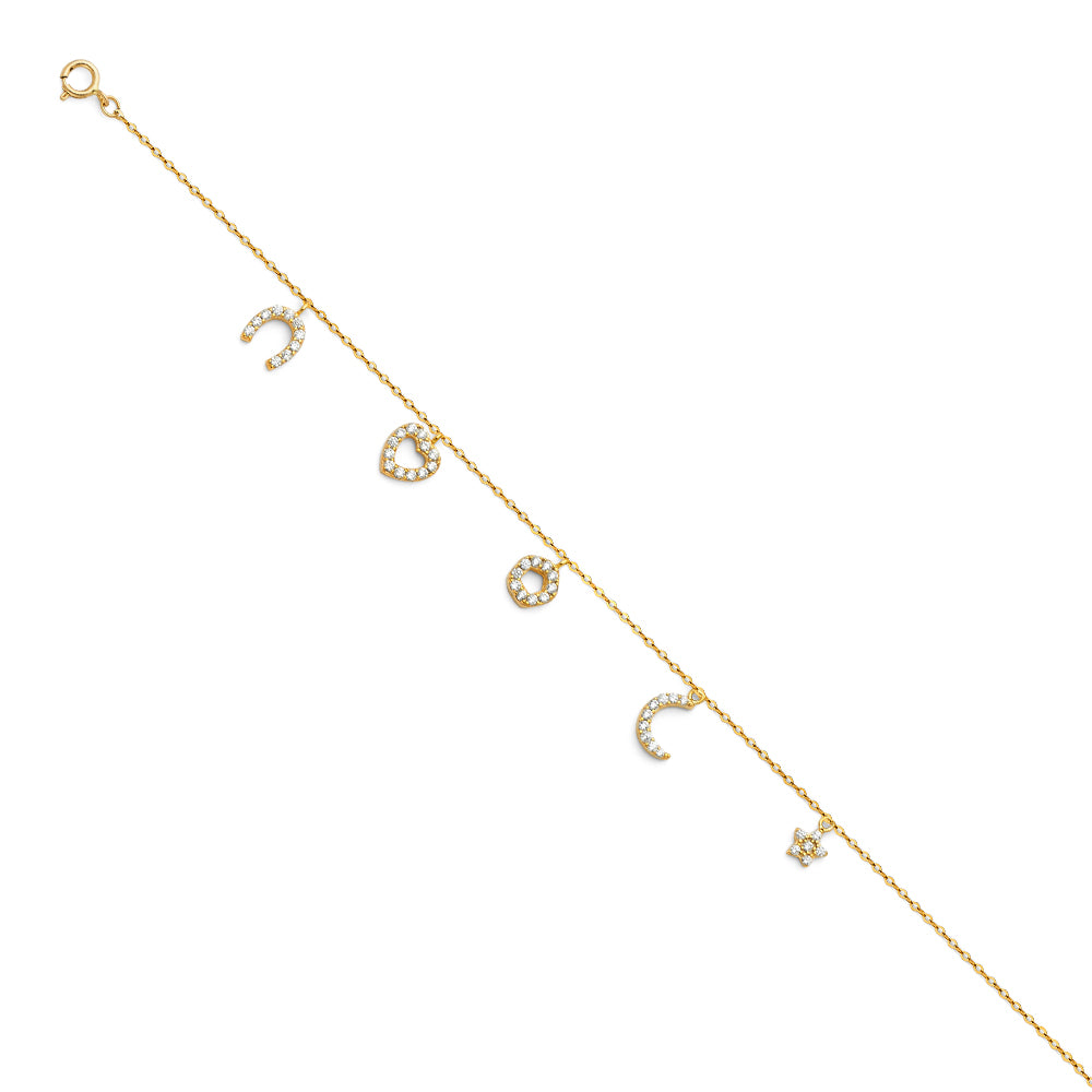 14k Yellow Gold 9" + 1" Extenstion Cable Chain Heart Moon Charm Bracelet Anklet