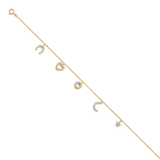 14k Yellow Gold 9" + 1" Extenstion Cable Chain Heart Moon Charm Bracelet Anklet