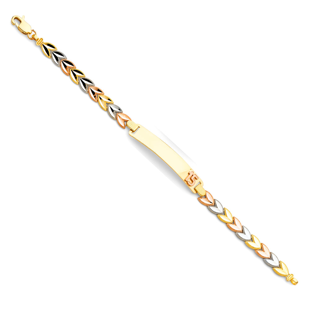 14k Yellow White Rose Gold 15th Birthday ID Bracelet Tri Color Lobster Clasp