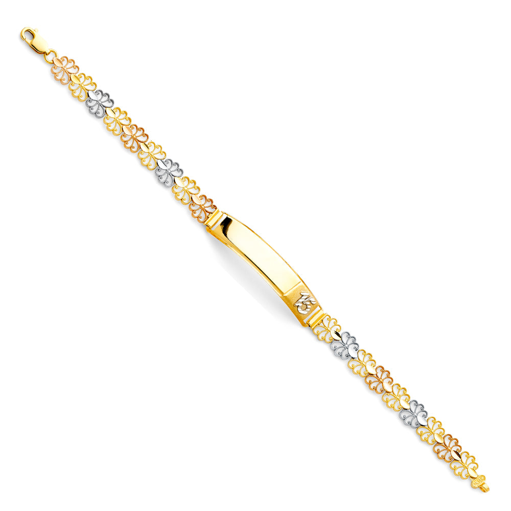 14k Yellow White Rose 15th Birthday Flower ID Bracelet Lobster Clasp Polished