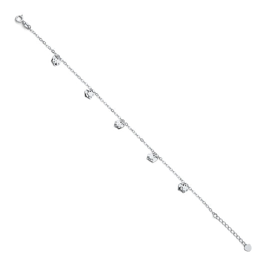 14k White Gold 9" + 1" Extension Cable Chain w/ Hearts Bracelet Anklet