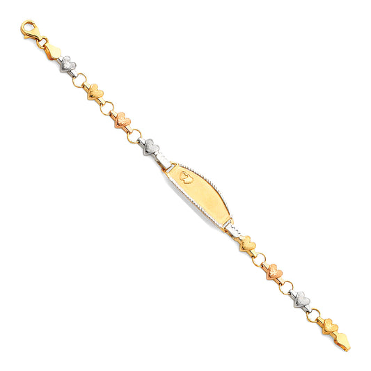 14k Yellow White Rose Gold ID Bracelet w/ Hearts 6" Tri Color Pear Clasp
