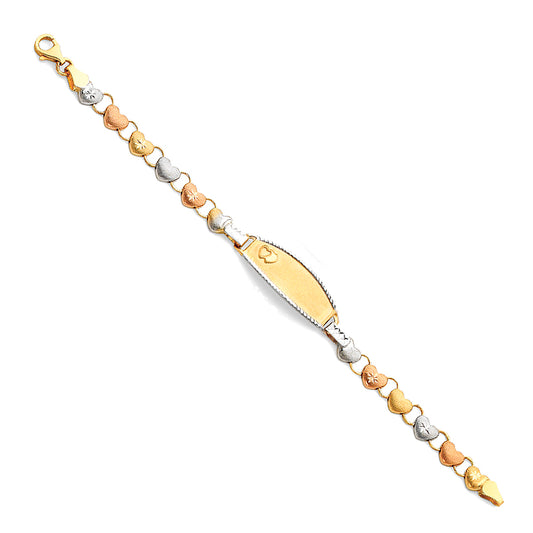 14k Yellow White Rose Gold ID Bracelet w/ Hearts 6" Tri Color Pear Clasp
