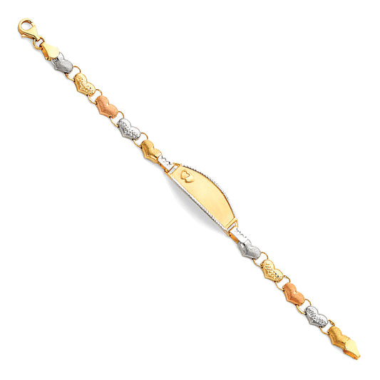 14k Yellow White Rose Gold ID Bracelet w/ Hearts 6" Tri Color Pear Clasp