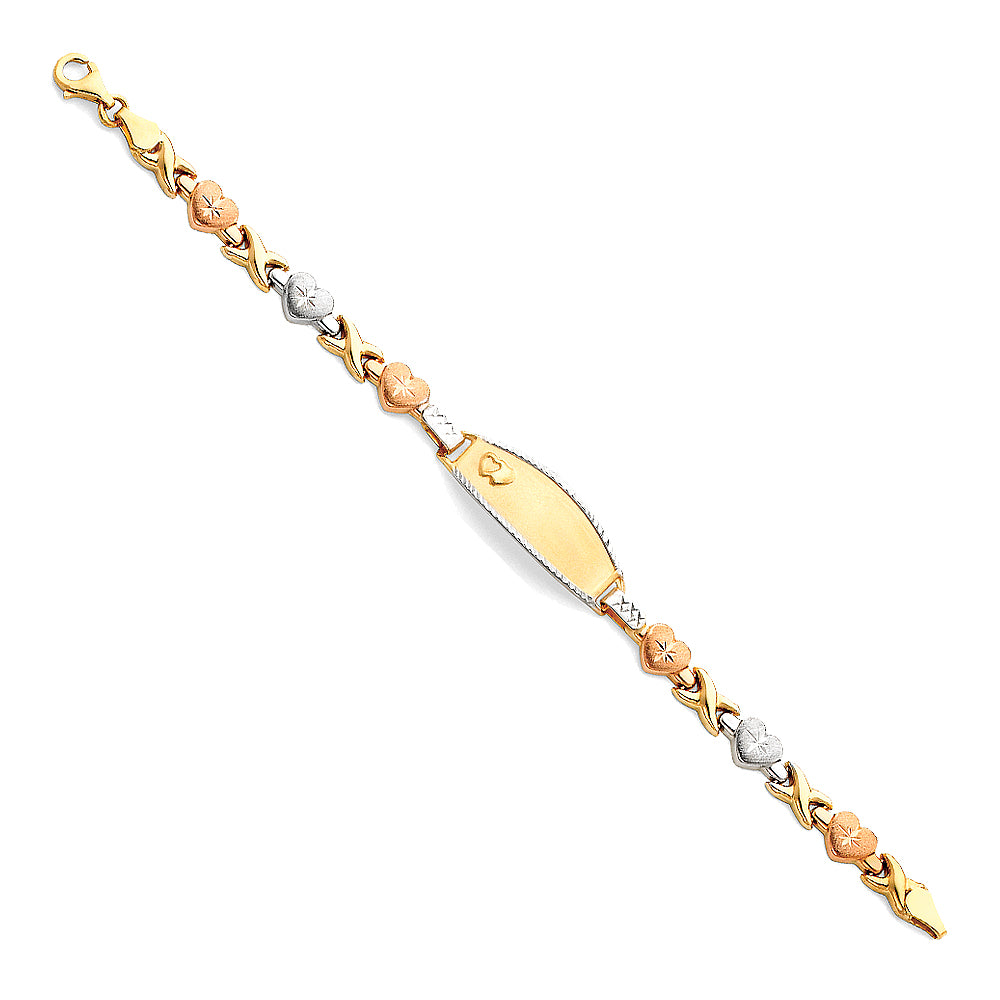 14k Yellow White Rose Gold ID Bracelet w/ Hearts Kisses 6" Tri Color Pear Clasp