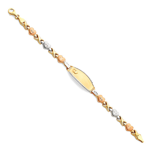 14k Yellow White Rose Gold ID Bracelet w/ Hearts Kisses 6" Tri Color Pear Clasp