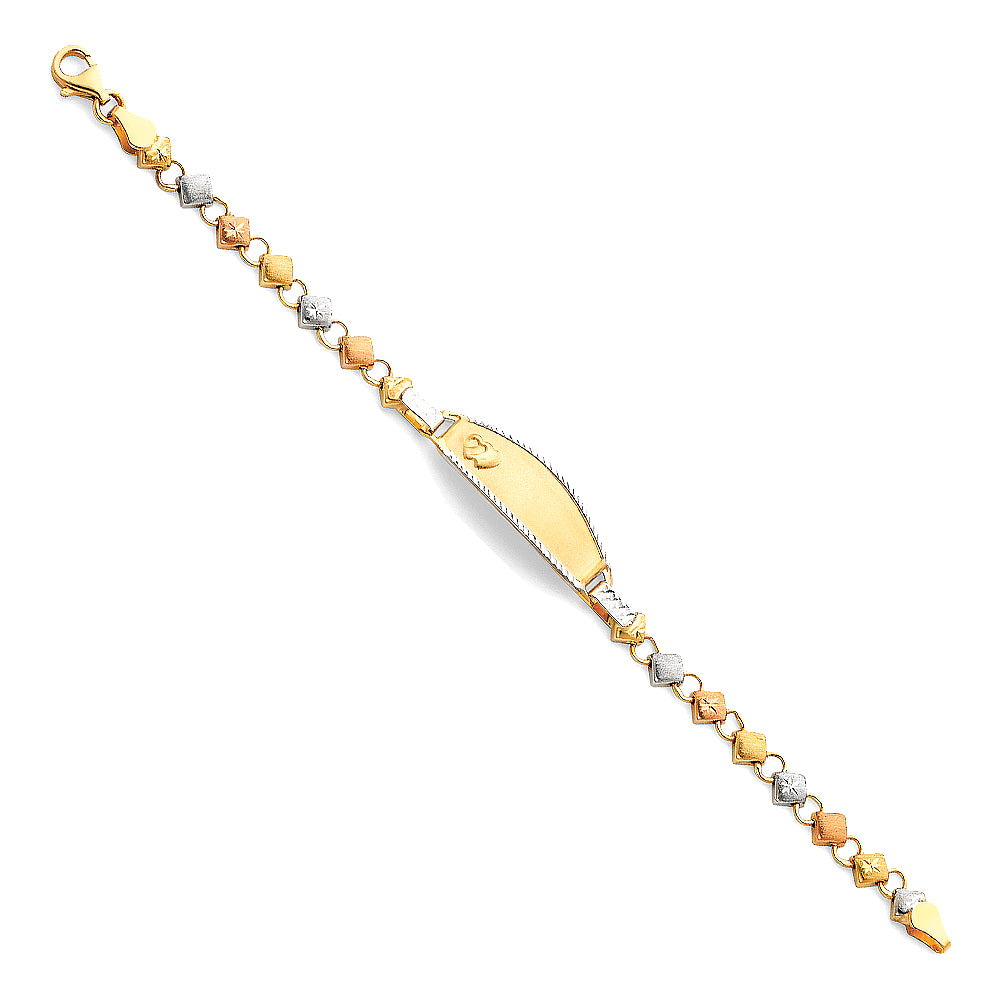 14k Yellow White Rose Gold ID Bracelet 6" w/ Hearts Tri Color Pear Clasp