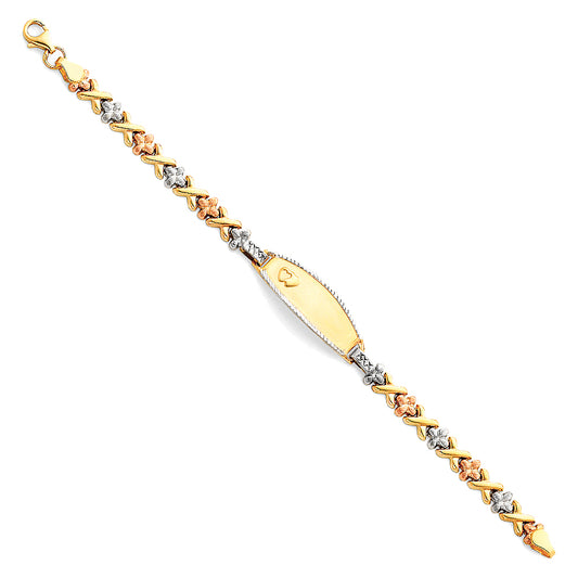 14k Yellow White Rose Gold ID Bracelet w/ Hearts Kisses 6" Tri Color Pear Clasp