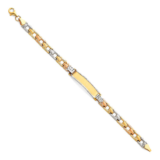 14k Yellow White Rose Gold ID Bracelet Square Curb 6" Tri Color Pear Clasp
