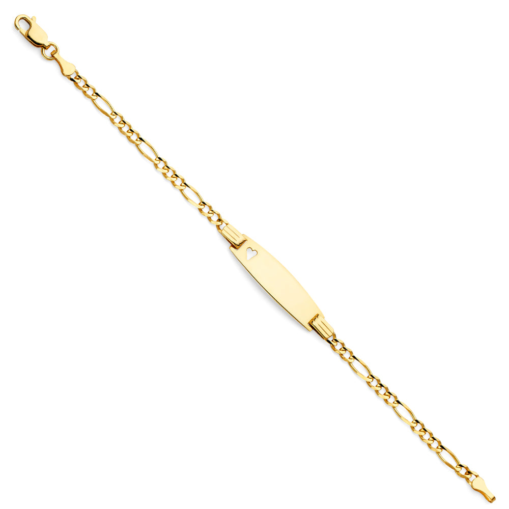 14k Yellow Gold 6" Diamond-Cut Figaro ID Bracelet w/ Heart High Polished
