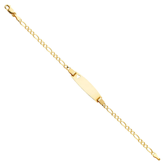 14k Yellow Gold 6" Diamond-Cut Figaro ID Bracelet w/ Heart High Polished