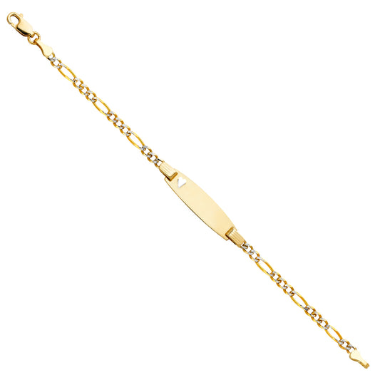 14k Yellow Gold 6" Diamond-Cut Pave Figaro ID Bracelet w/ Heart High Polished