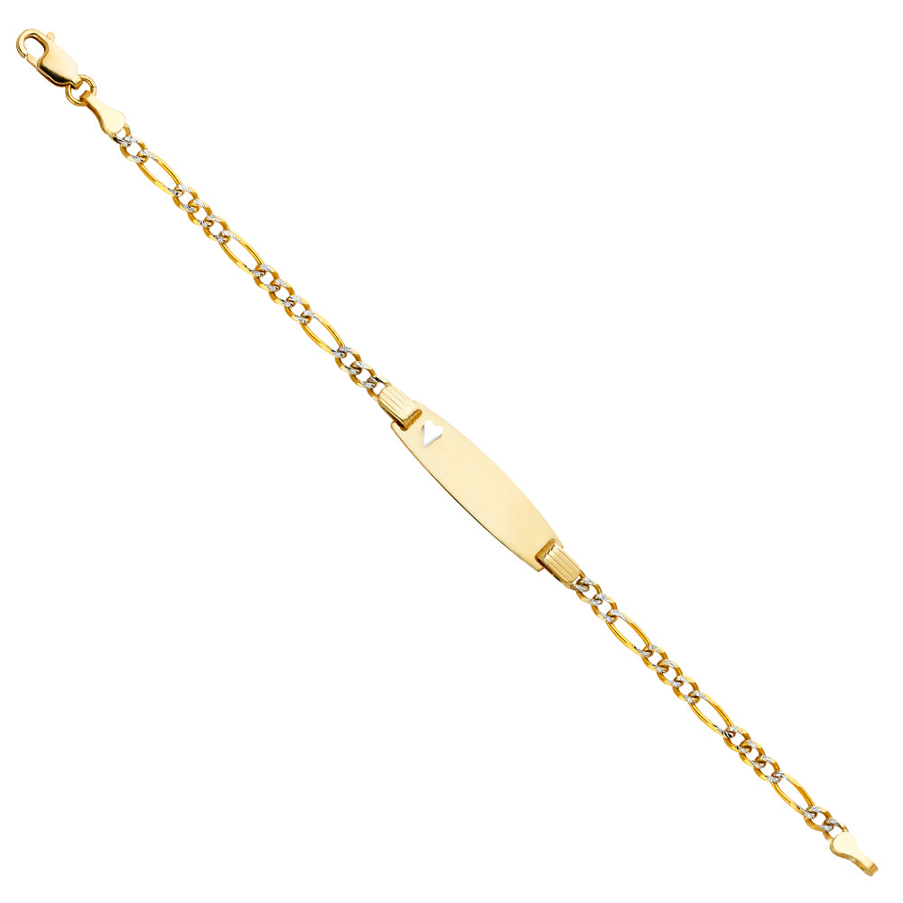 14k Yellow Gold 6" Diamond-Cut Pave Figaro ID Bracelet w/ Heart High Polished