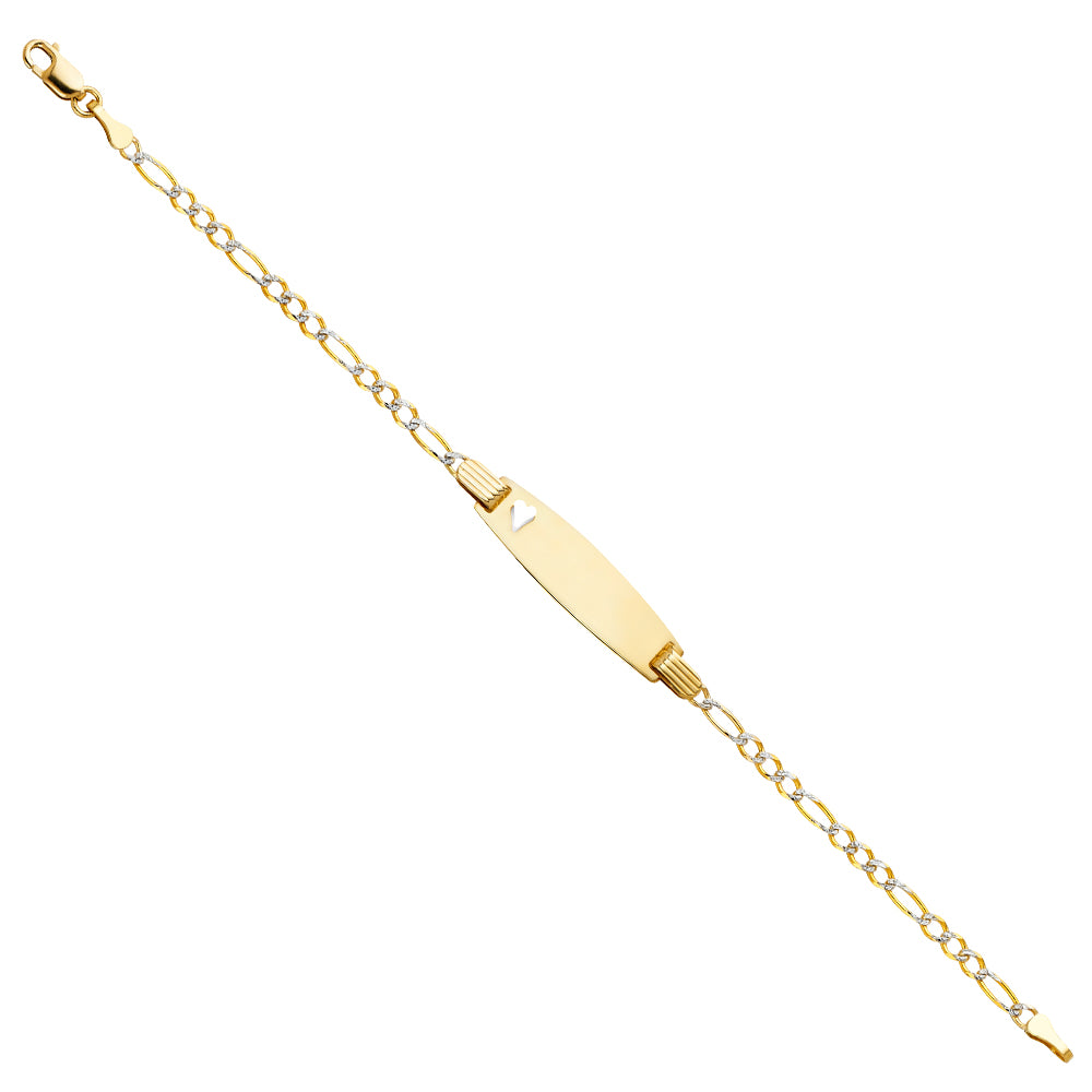 14k Yellow Gold 6" Diamond-Cut Pave Figaro ID Bracelet w/ Heart High Polished