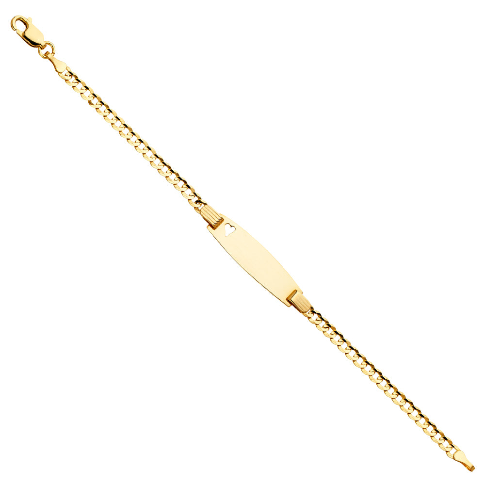 14k Yellow Gold 6" Diamond-Cut Curb ID Bracelet w/ Heart High Polished