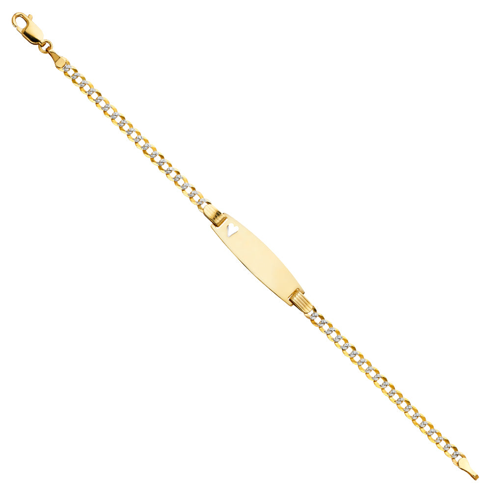 14k Yellow Gold 6" Diamond-Cut Pave Curb ID Bracelet w/ Heart High Polished