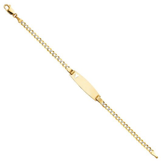 14k Yellow Gold 6" Diamond-Cut Pave Curb ID Bracelet w/ Heart High Polished