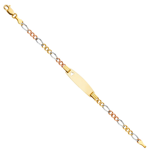 14k Yellow White Rose Gold 6" Diamond-Cut Pave Figaro ID Bracelet Tri Color