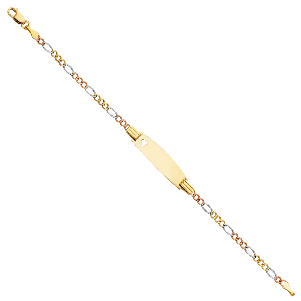 14k Yellow White Rose Gold 6" Diamond-Cut Figaro ID Bracelet Tri Color