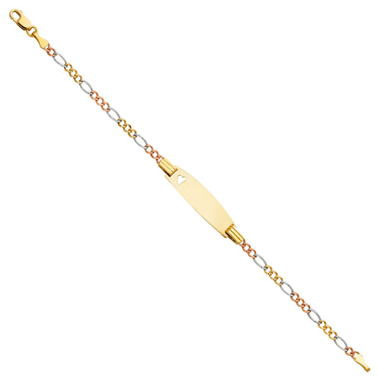 14k Yellow White Rose Gold 6" Diamond-Cut Figaro ID Bracelet Tri Color