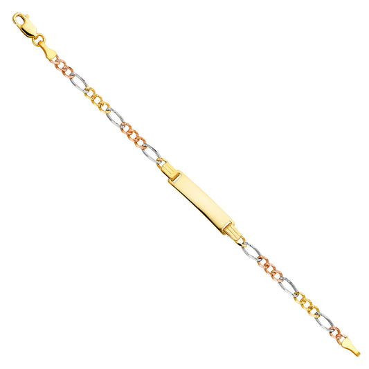 14k Yellow White Rose Gold 6" Diamond-Cut Figaro ID Bracelet Tri Color