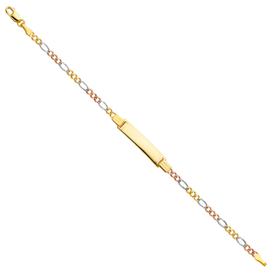 14k Yellow White Rose Gold 6" Diamond-Cut Figaro ID Bracelet Tri Color