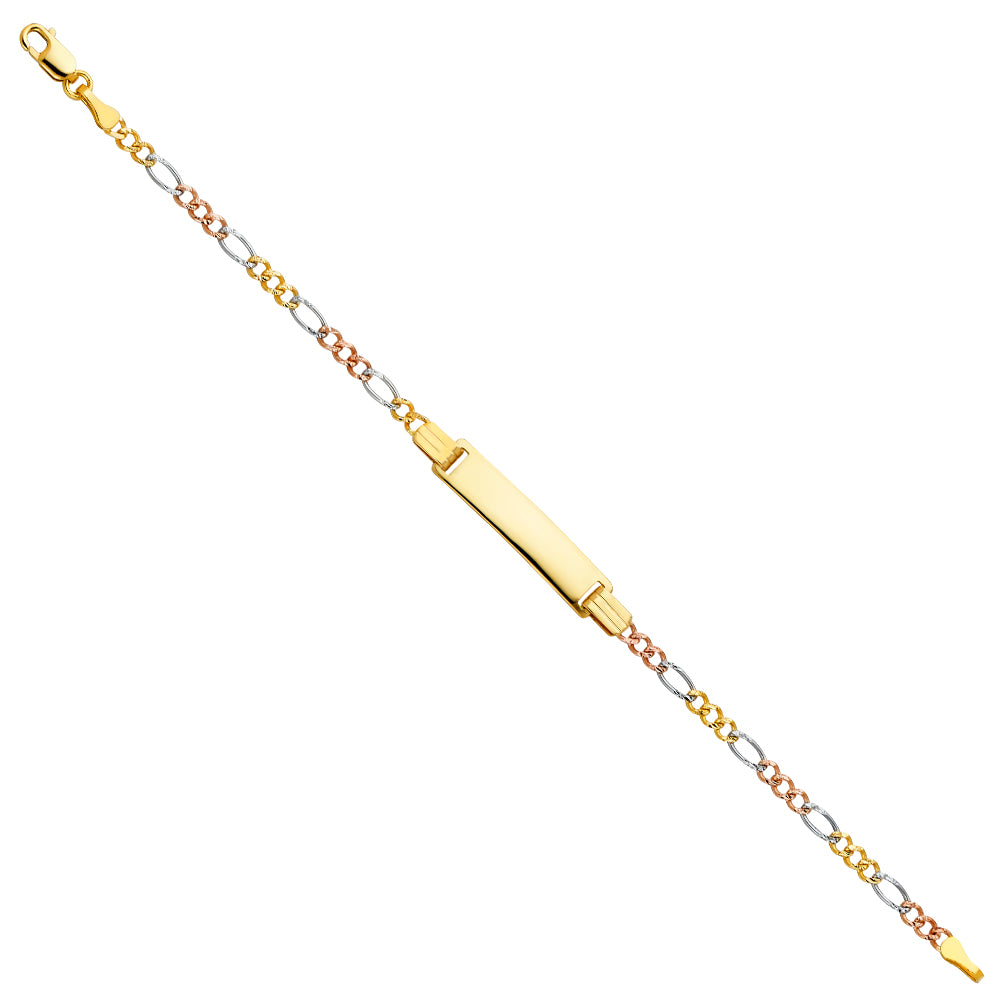 14k Yellow White Rose Gold 6" Diamond-Cut Figaro ID Bracelet Tri Color