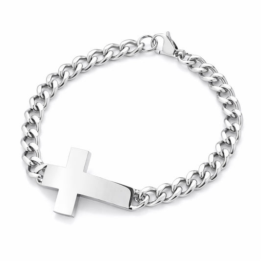 Stainless Steel Curb Link Sideways Cross ID Bracelet Anklet Chain