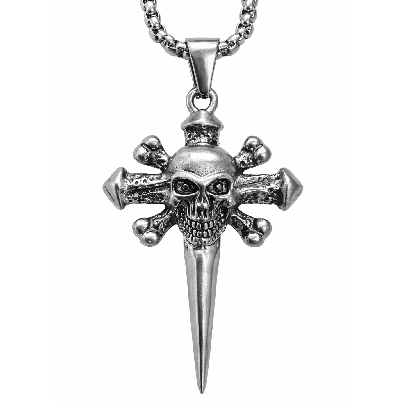 Stainless Steel Frosted Skull Crossbones Nail Cross Pendant 21" Chain