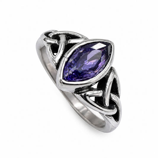 Stainless Steel Marquise Purple CZ Celtic Knot Oxidized Ring