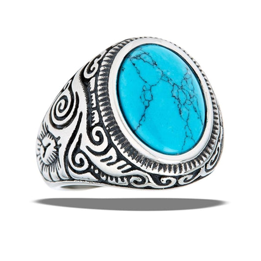 Stainless Steel Oval Turquoise Wave Etch Oxidized Large Big Ring Sizes 7-12