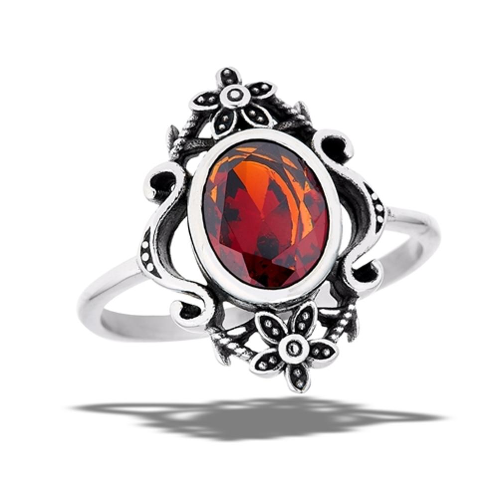 Stainless Steel Oval Garnet CZ Flower Wide Oxidized Ring Sizes 6-10