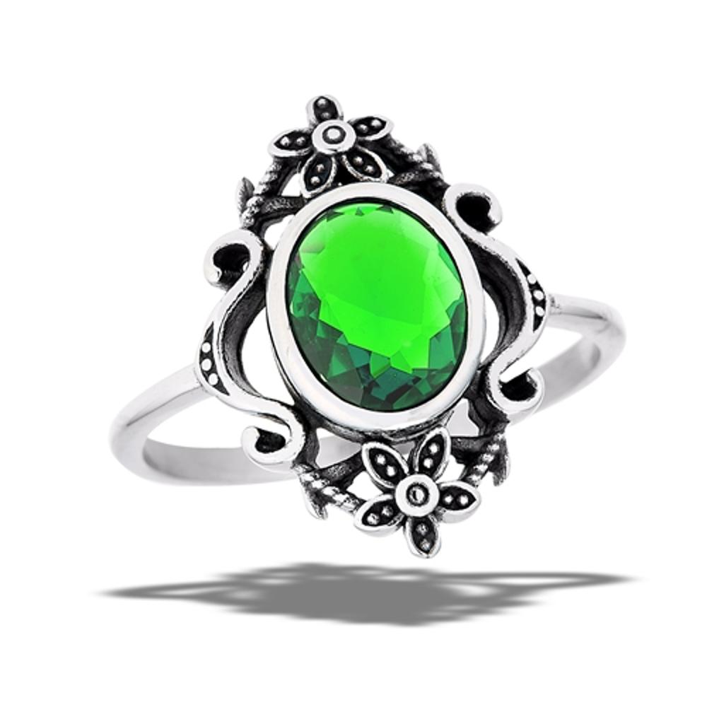 Stainless Steel Oval Emerald CZ Flower Wide Oxidized Ring Sizes 6-10