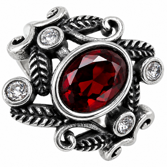 Stainless Steel Garnet CZ Clear CZ Leaf Flower Ring