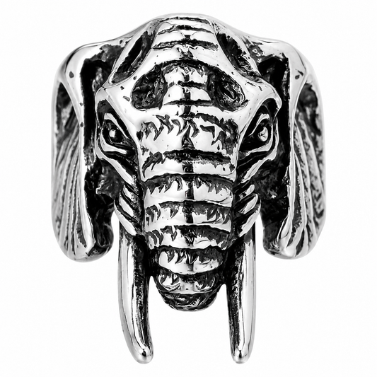 Stainless Steel Large Elephant Tusk Animal Head Ring