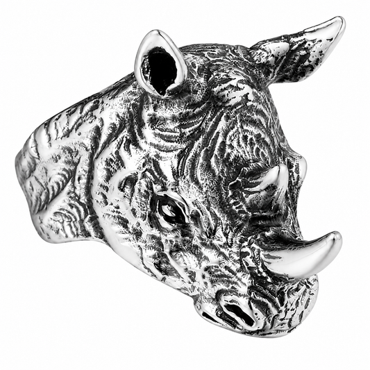 Stainless Steel Rhinoceros Head Horn Tusk African Animal Ring