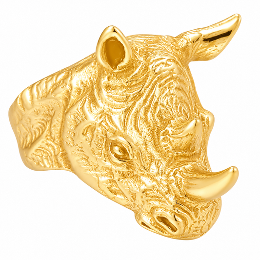 18k Gold PVD Stainless Steel Rhinoceros Head Horn Tusk African Animal Ring