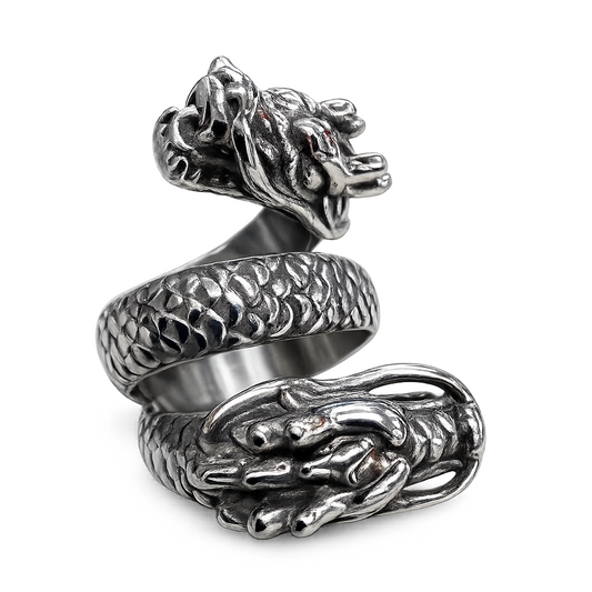 Stainless Steel Large Double Headed Dragon Twisted Body Ring