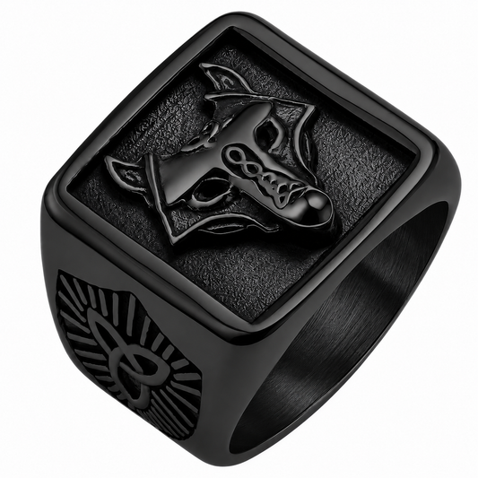 Black PVD Stainless Steel Egyptian Anubis Triquetra Animal Fox Ring