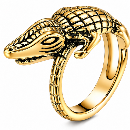 18k Gold PVD Stainless Steel Alligator Crocodile Animal Head Ring