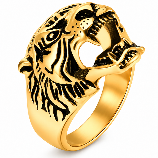 18k Gold PVD Stainless Steel Large Tiger Head Animal Cat Ring