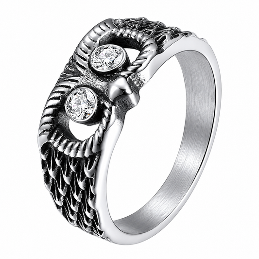 Stainless Steel Owl Head Clear CZ Eyes Wise Animal Ring
