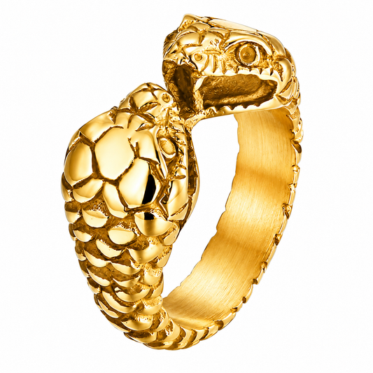 18k Gold PVD Stainless Steel Double Headed Snake Cobra Fang Animal Ring