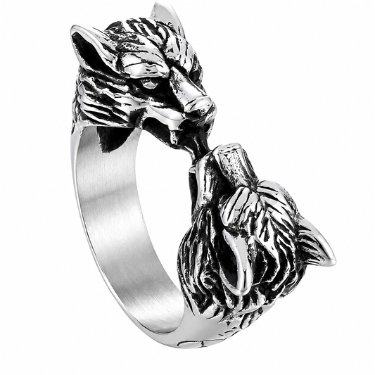 Stainless Steel Double Headed Fox Wolf Animal Ring