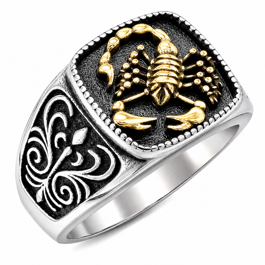 18k Gold PVD Stainless Steel Scorpion Signet Filigree Animal Ring