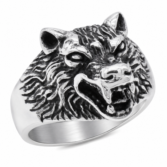 Stainless Steel Wolf Head Animal Dog Ring