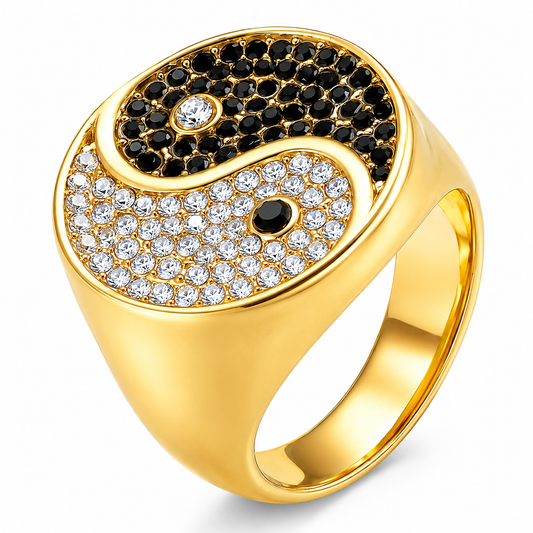 18k Gold PVD Stainless Steel Black White CZ Yin Yang Peace Ring