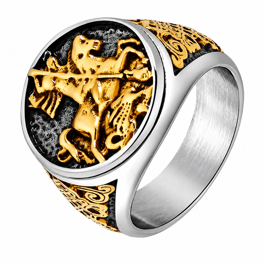 18k Gold PVD Stainless Steel Caesar Horse War Signet Ring